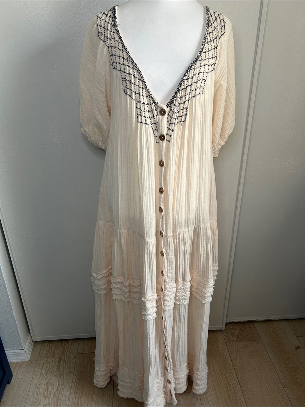 Free People Sunday Stroll Maxi Dress with Blue Embroidered Detailing V-neckline